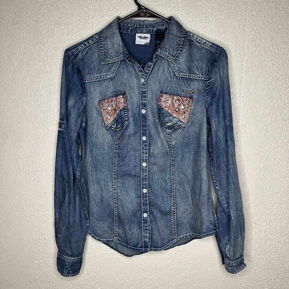 Y2K Harley Davidson Roll/Tab Sleeve Denim Shirt Small - Picture 1 of 3